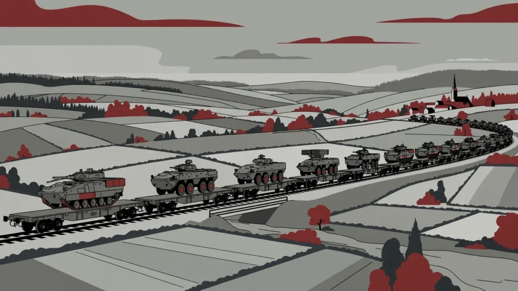 Military Mobility Explained: How NATO Would Move Troops Across Europe 1 Military vehicles loaded on a freight train crossing Europe, illustrating NATO military mobility