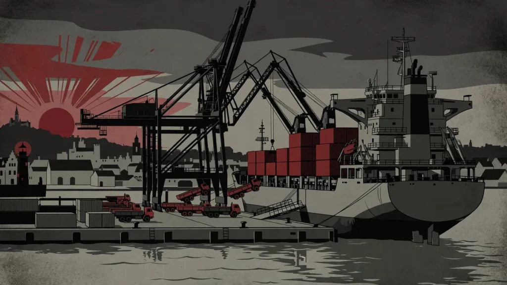 Military Mobility Explained: How NATO Would Move Troops Across Europe 2 Cargo vessel and cranes at a European seaport loading military trucks, illustrating NATO military mobility