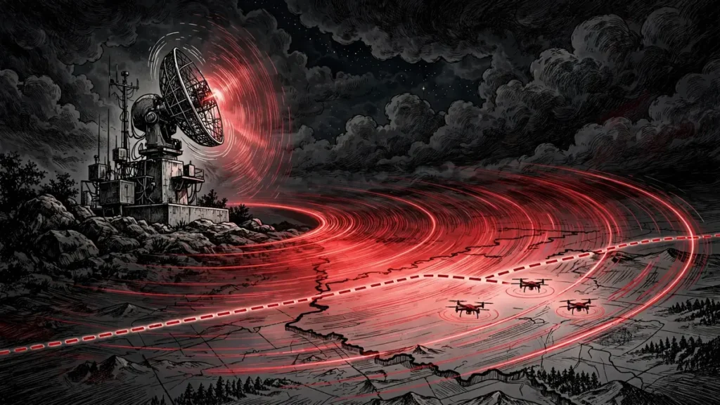 Editorial illustration of a radar installation detecting drones crossing a dashed border - moldova weapons production explained