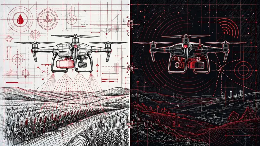 Editorial illustration of a split-view drone as agricultural and surveillance platform - moldova weapons production explained