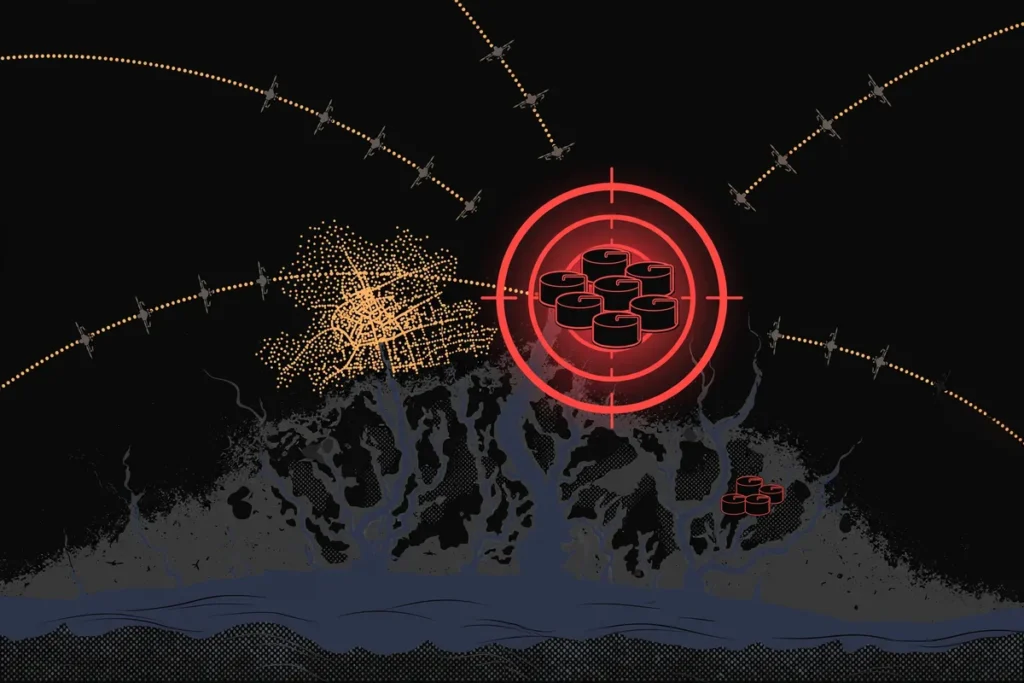 Editorial illustration showing drone flight paths converging on an oil depot in the Moscow region