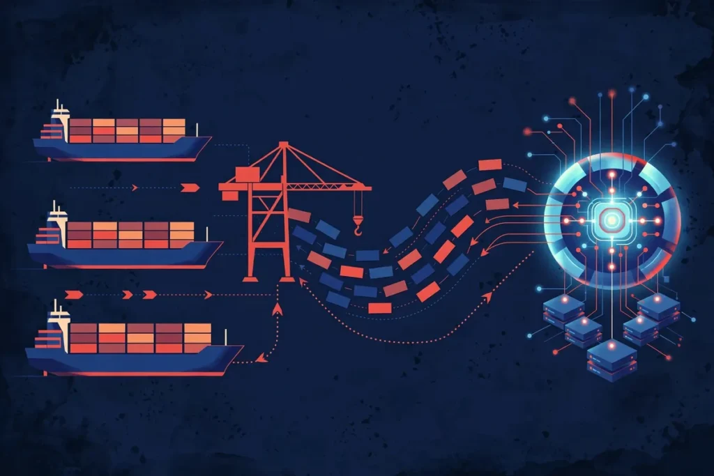 n0n ransomware shipping data theft: container ships and cargo containers flowing to a server node