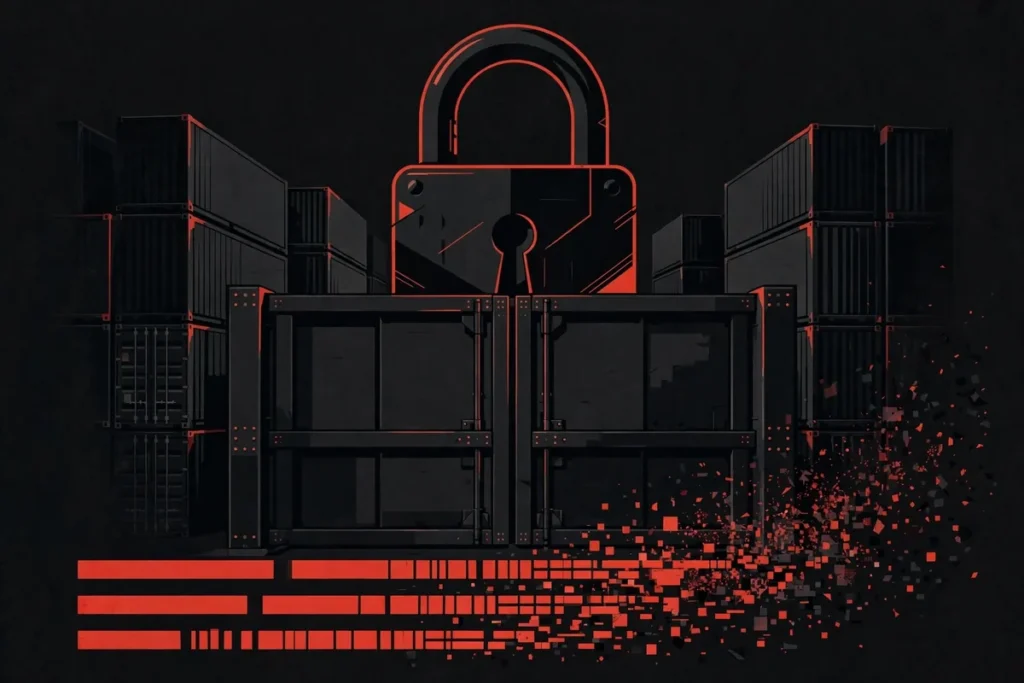 n0n extortion countdown: padlocked container terminal gate with countdown bars