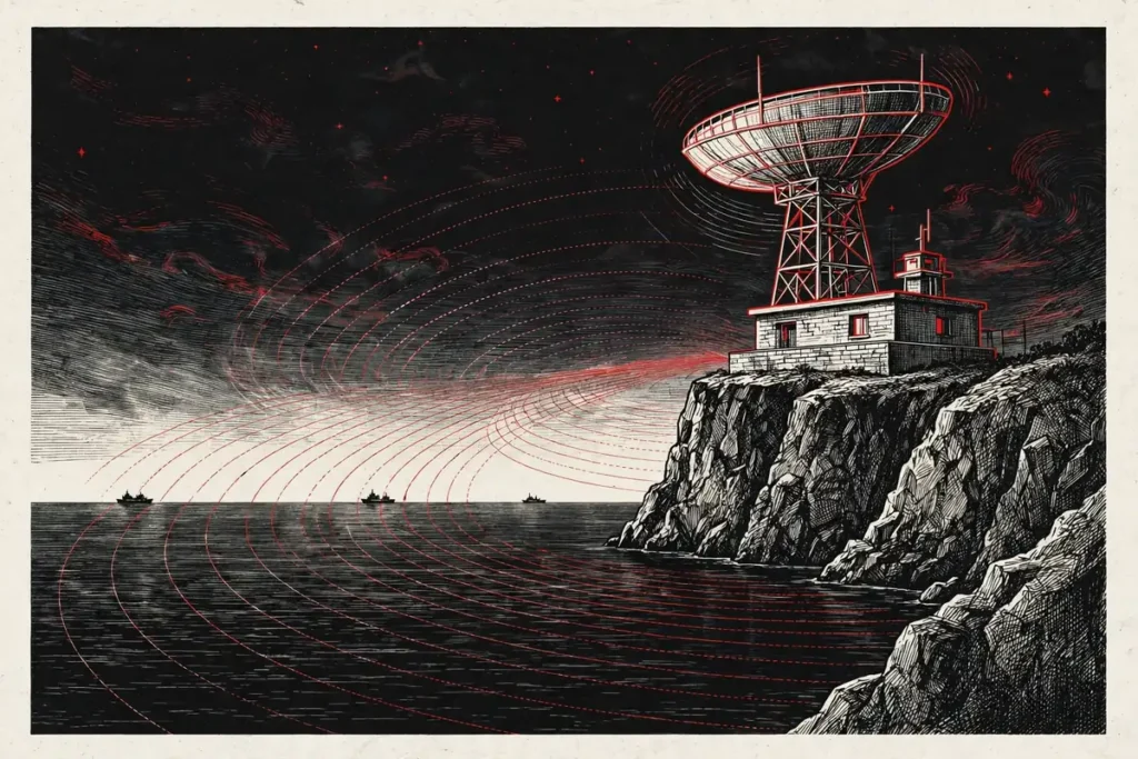 Coastal radar station with rotating radar dish scanning the Black Sea at night for NATO Black Sea deployment