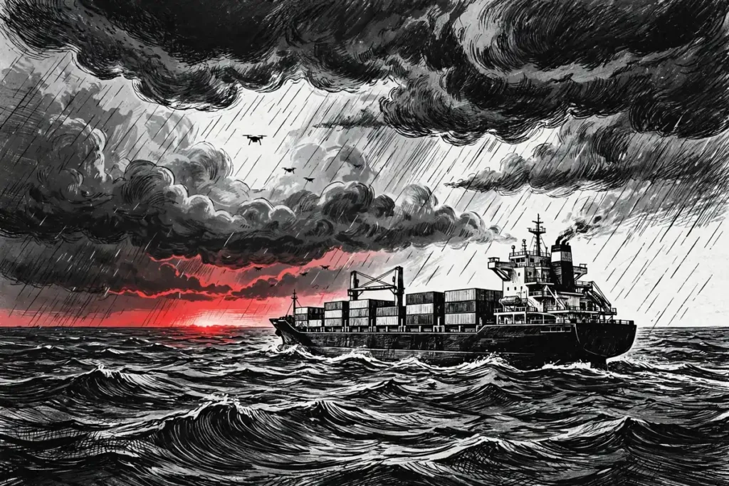 Cargo ship sailing in the Black Sea under a dark sky with distant drone silhouettes during the October 2026 attacks