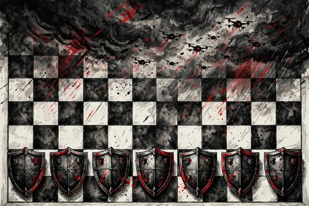 Chessboard with shield pieces facing drone silhouettes - NATO hybrid warfare shadow war