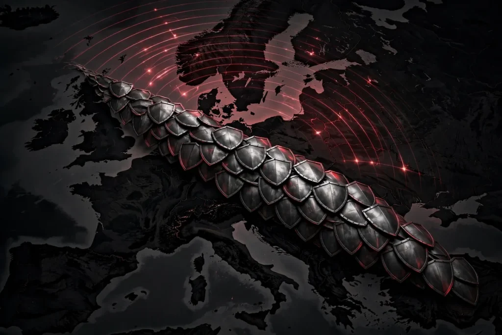 Symbolic shield wall stretching across a map of Europe with radar arcs - NATO theory of victory