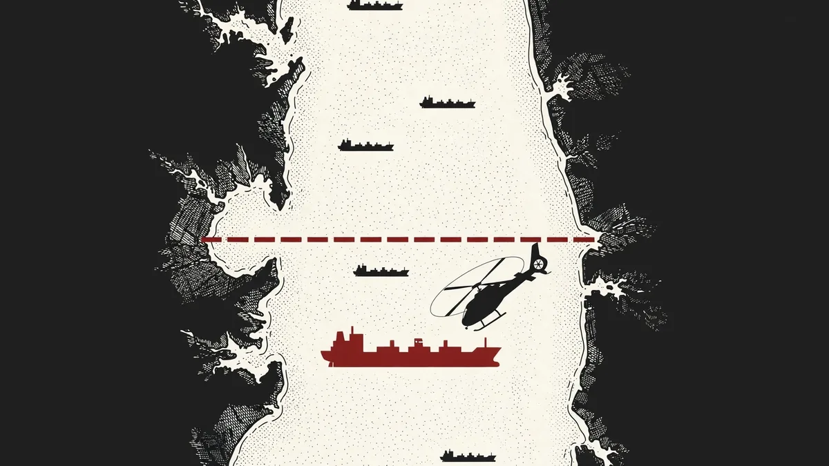 Stylized map of a strait with a red blockade line and a helicopter inspecting a tanker, illustrating visit and search during a naval blockade