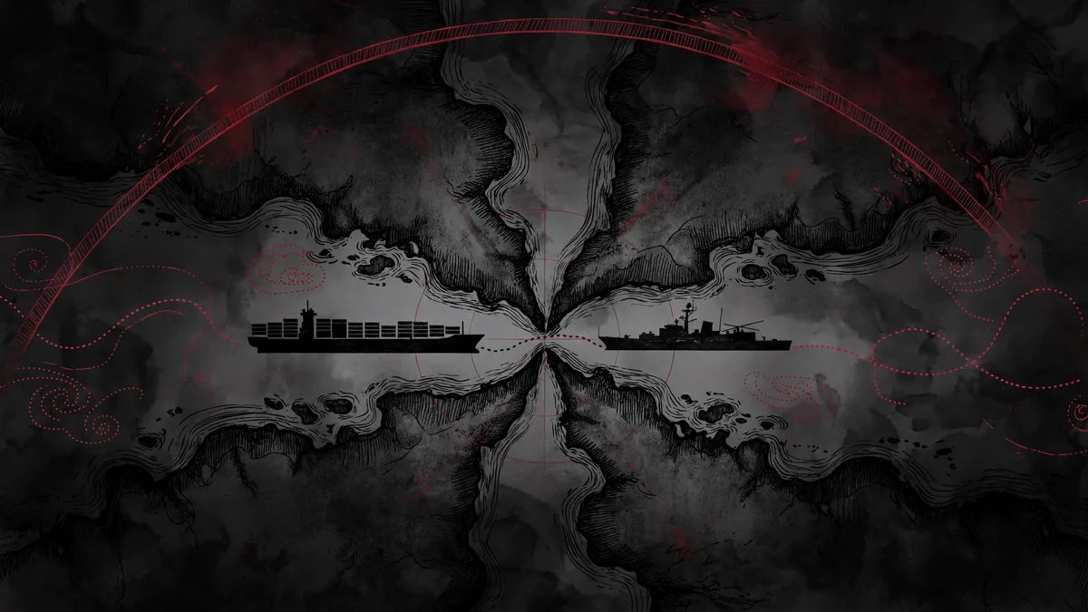 Naval blockade vs sanctions - merchant ship meeting a warship at a strait chokepoint