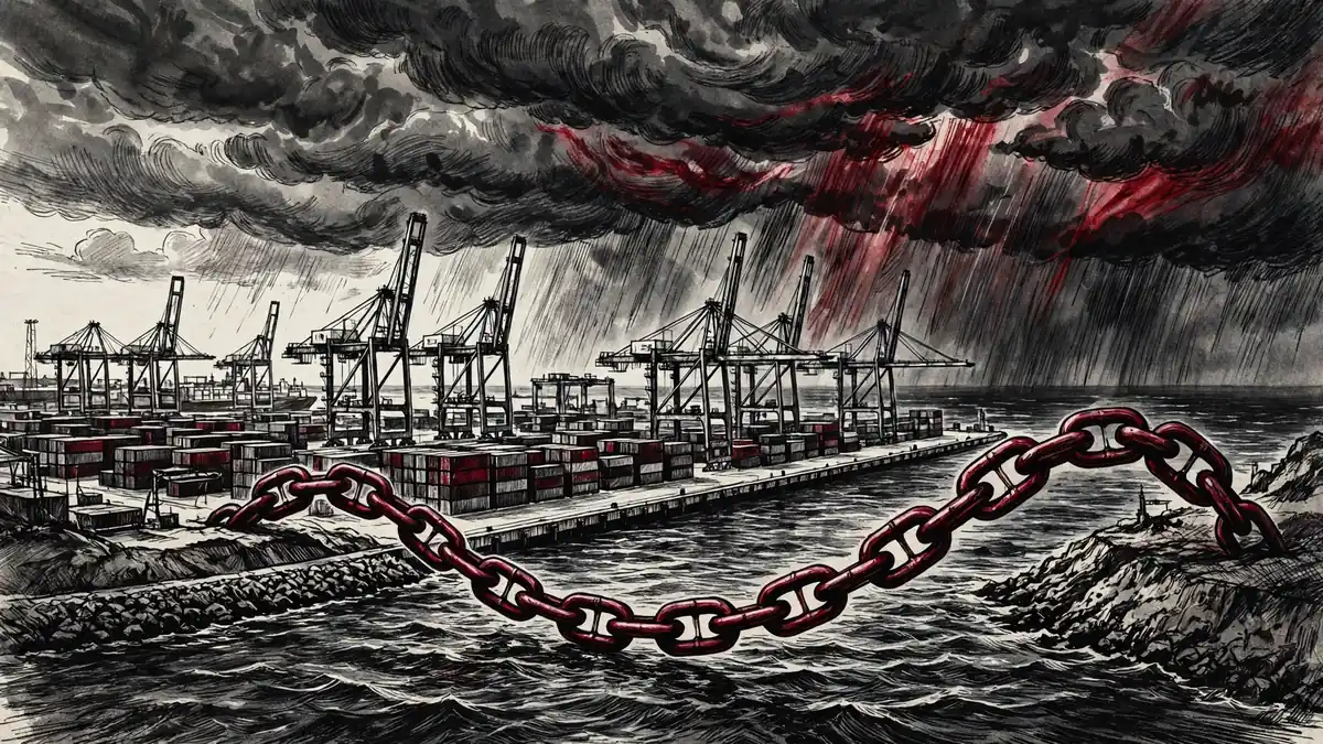 Naval blockade vs sanctions - chained port terminal symbolizing closed trade