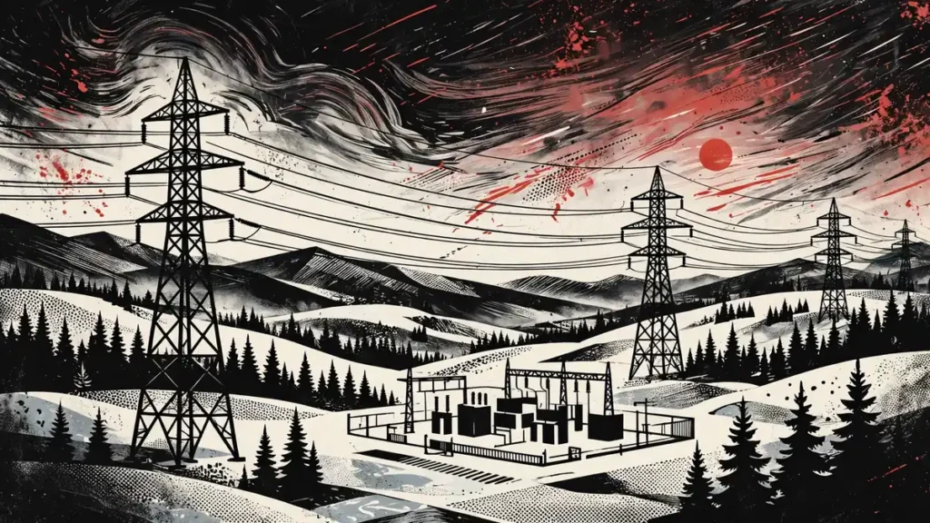 Stylized illustration of energy infrastructure in a northern European winter landscape, for the Nordic Putin call report
