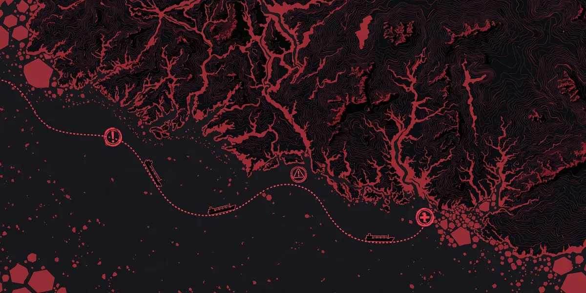 Stylized map of Norway's Arctic coastline with shadow fleet tanker routes marked under the EU 21st sanctions package