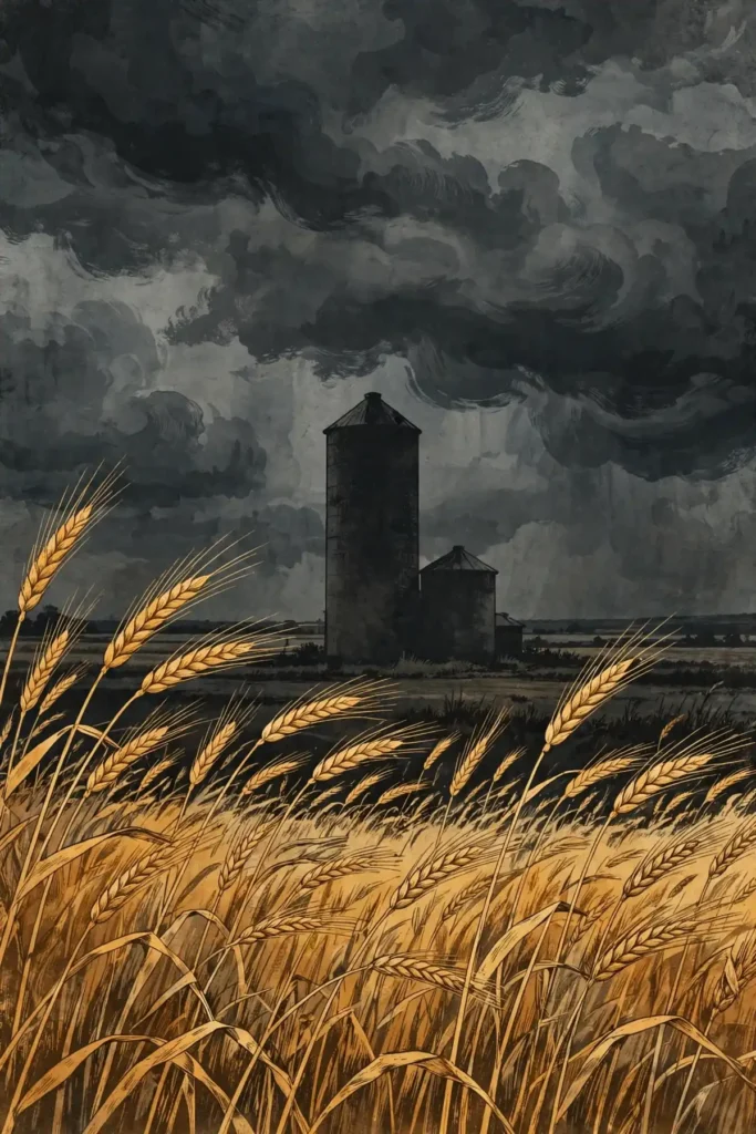 Golden wheat fields under a storm sky beside a grain silo, symbolizing Ukraine's disrupted grain exports