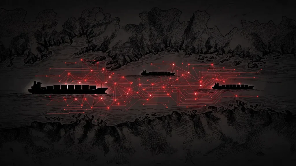 Strait of Hormuz shipping and digital payments network illustration for OFAC Iran sanctions