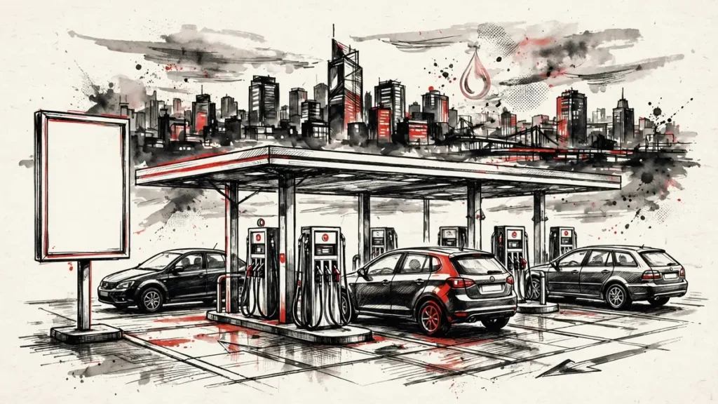 Oil Above $115: Why Brent Jumped as the Iran War Nears November 1 Petrol station forecourt with cars at fuel pumps, illustrating high US gasoline prices during the Iran war