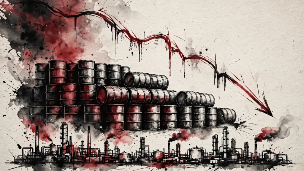 Oil Above $100: Why the No-Strike Sunday Didn't Calm the Market 1 Falling oil price chart over oil barrels and refinery skyline, editorial illustration for Brent and WTI prices October 2026