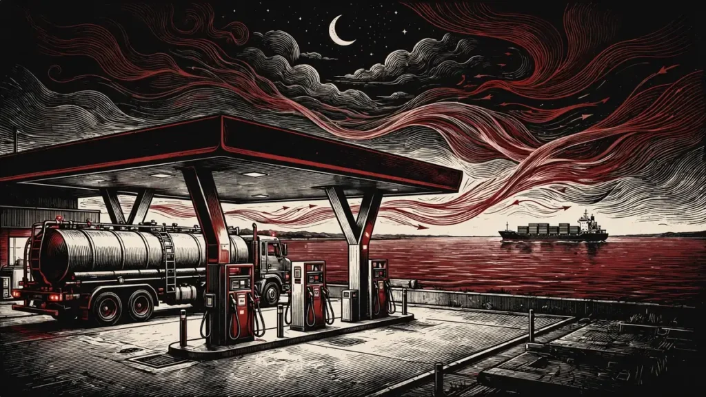 Oil Above $100: Why the No-Strike Sunday Didn't Calm the Market 2 Fuel station forecourt at night with tanker truck and cargo ship, editorial illustration for fuel and shipping costs October 2026