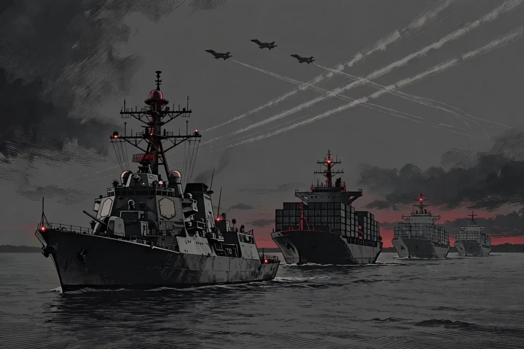 US Navy escort ships guiding commercial vessels through the Strait of Hormuz shipping corridor
