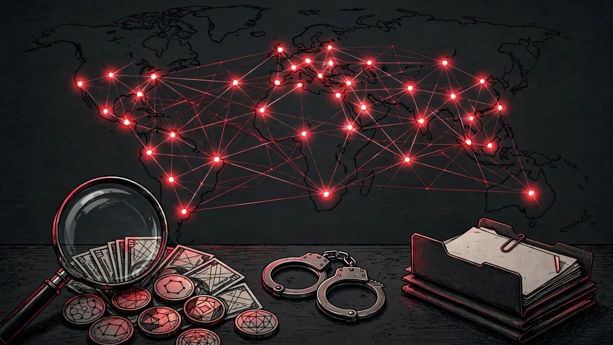 World map showing the 30-country coordination behind Operation Confrontation Ghost, with handcuffs and fraud funds under investigation
