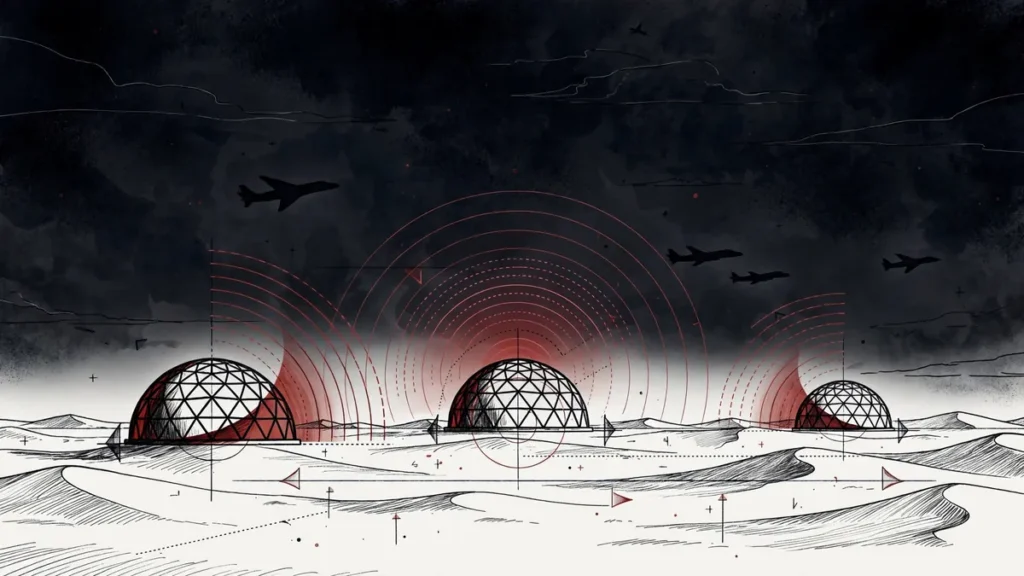 AI-generated illustration of radar domes and aircraft silhouettes symbolizing the Operation Dawn of Yemen air campaign
