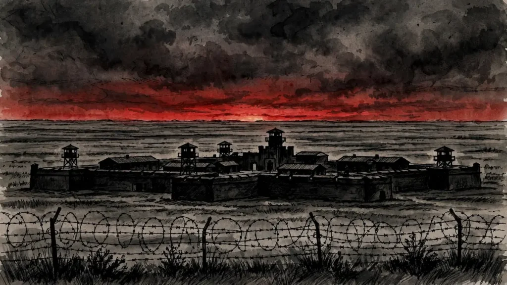 AI-generated illustration of a US military prison at dusk, symbolizing the Fort Leavenworth death row where Nidal Hasan is held