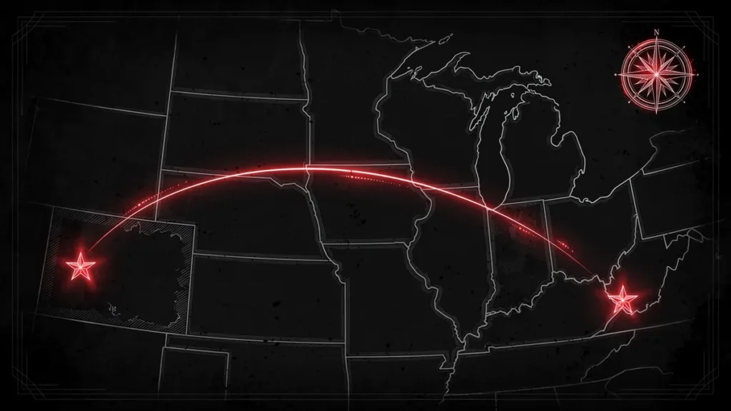 AI-generated illustration of a map showing the planned prisoner transfer route from Kansas to Terre Haute, Indiana, under Operation Resolute Justice