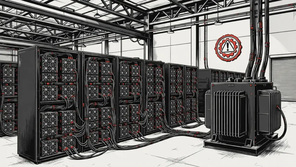 Computer mining hardware and server racks illustration for Operation Serengeti III Angola seizures