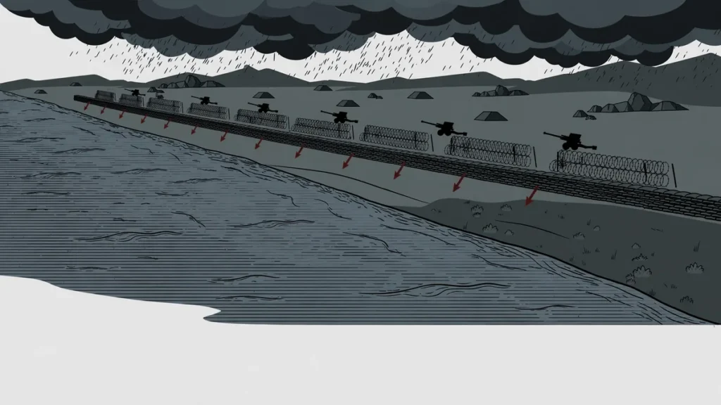 Editorial illustration of a stylized defensive river line along the Zherebets River in northern Donetsk