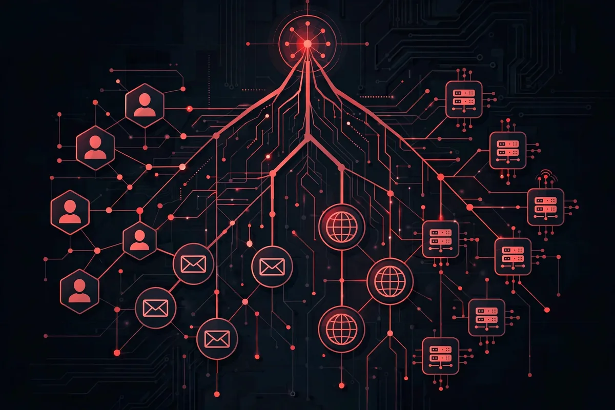 OSINT Framework Explained: The Free Directory Behind Modern Conflict Investigations 1 Branching tree diagram connecting usernames, email addresses, domains and IP addresses