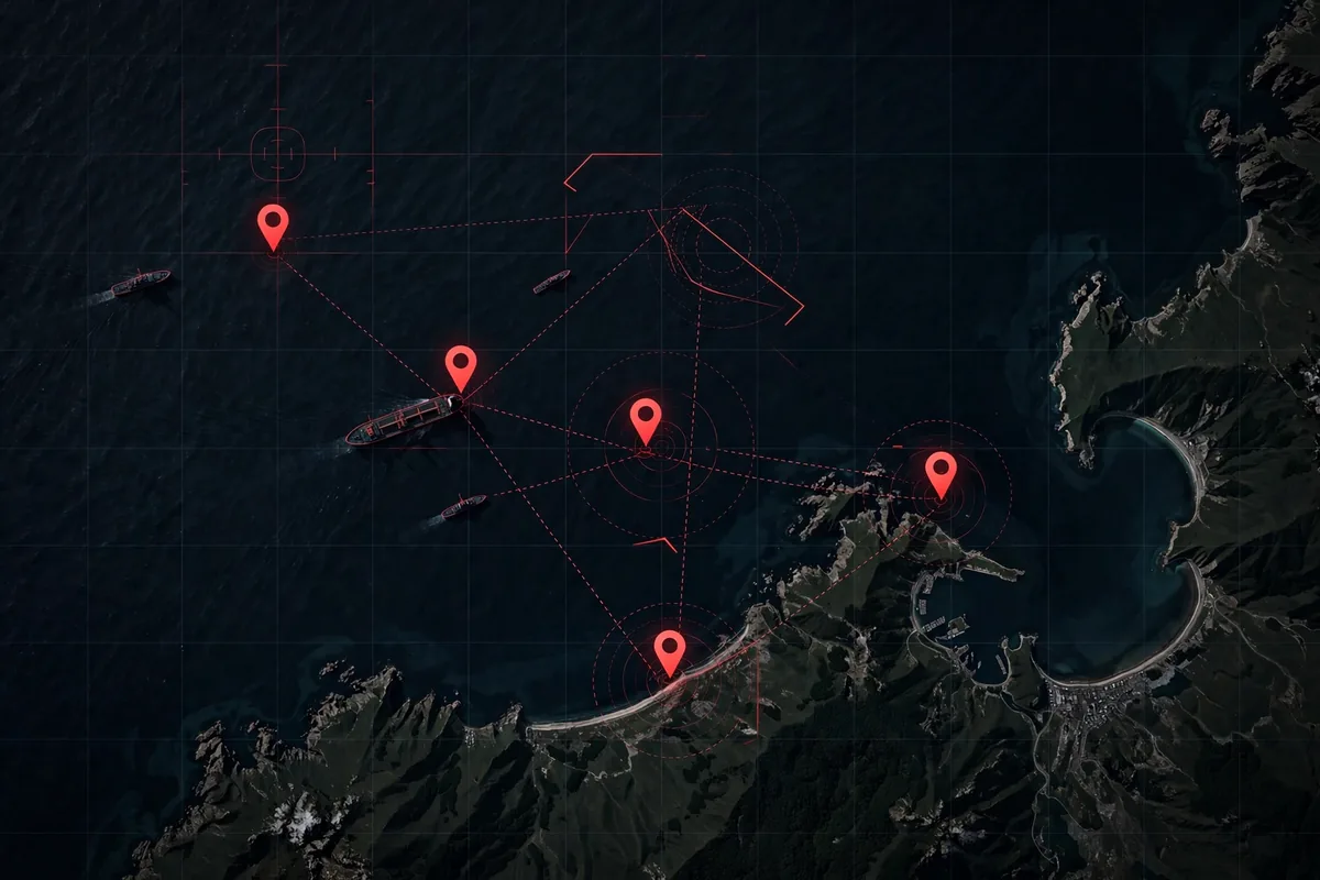 OSINT Framework Explained: The Free Directory Behind Modern Conflict Investigations 2 Satellite view of a coastline with ships and location pins for geolocation analysis