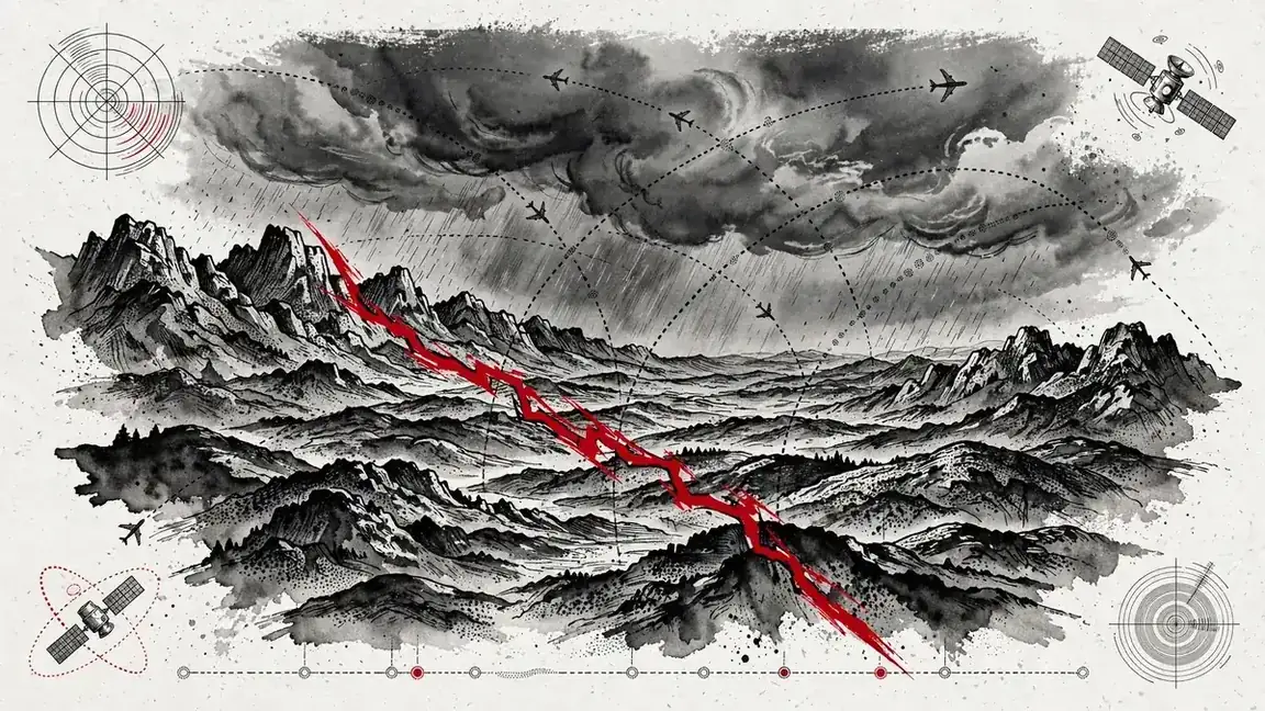 Abstract editorial illustration of the Pakistan-Afghanistan border conflict timeline