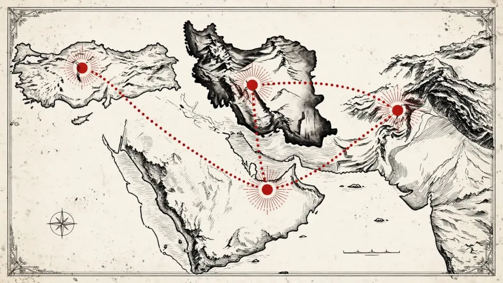 Map showing diplomatic routes connecting Islamabad, Tehran, Riyadh and Ankara