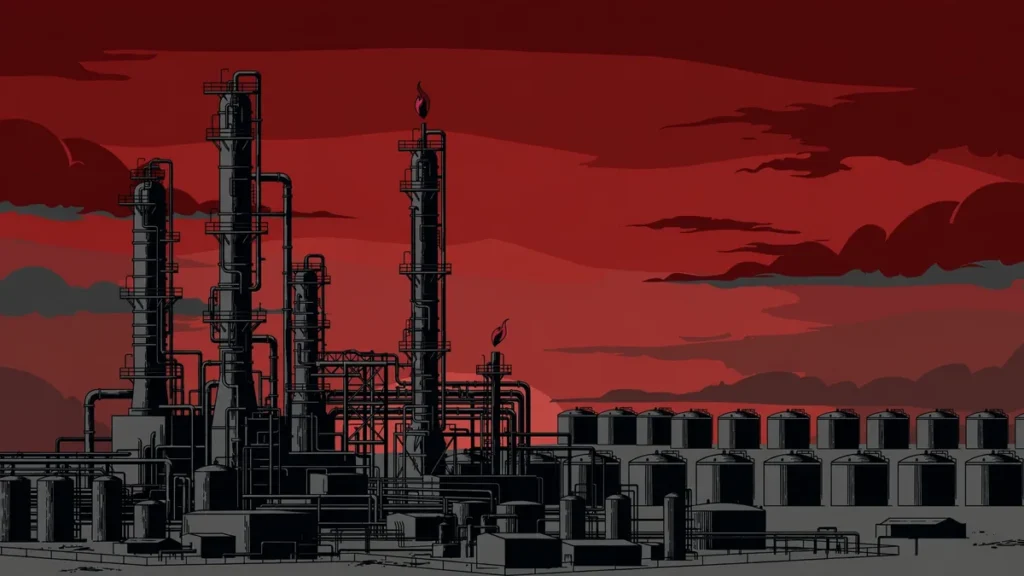 Oil refinery at dusk illustrating constrained refining capacity behind the physical oil premium