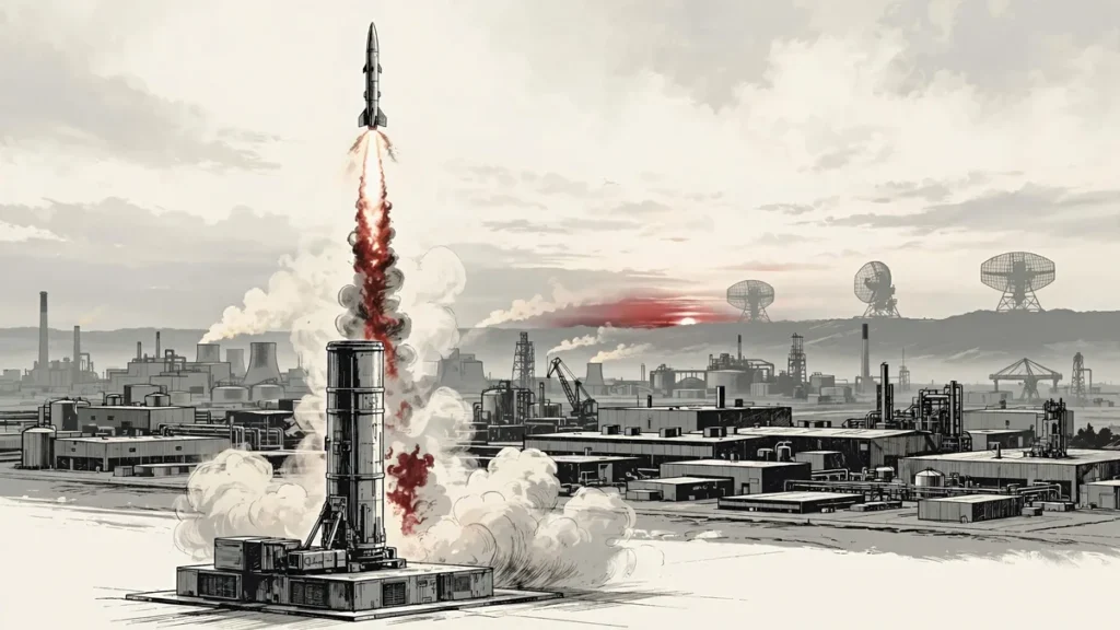 AI-generated illustration of a generic missile interceptor launching near a defense factory — Poland proposes hosting a Patriot interceptor factory for Ukraine