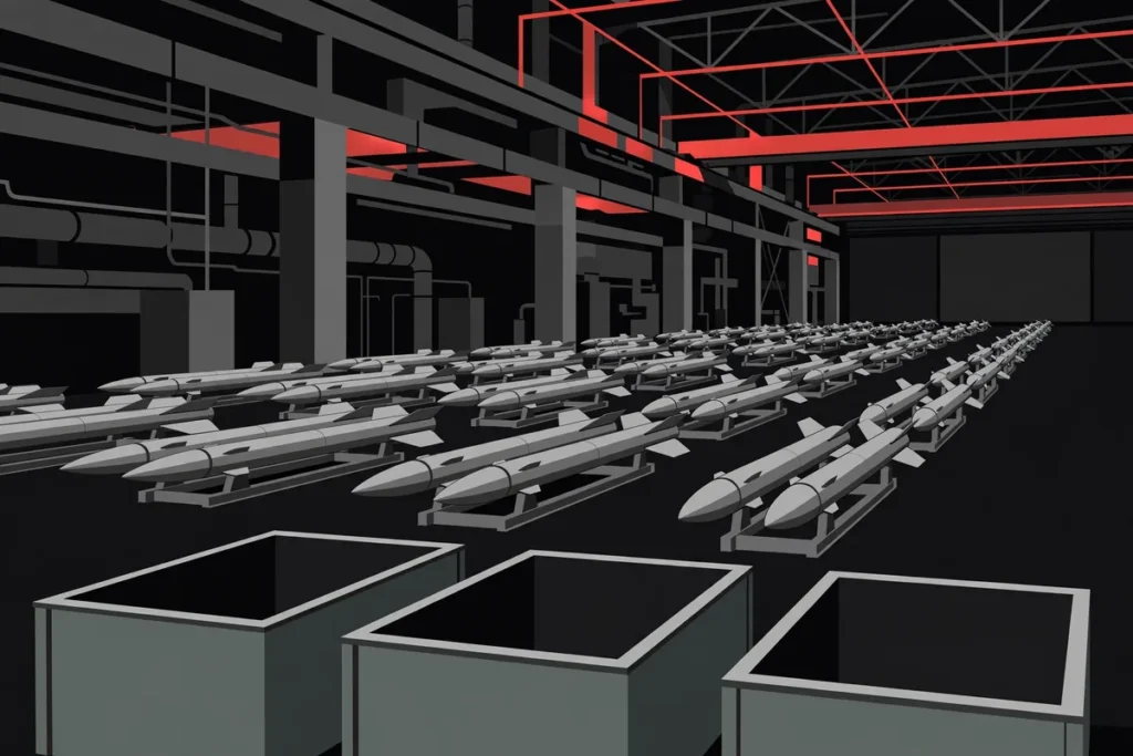 Patriot interceptor missile production line with empty launch containers, AI-generated illustration