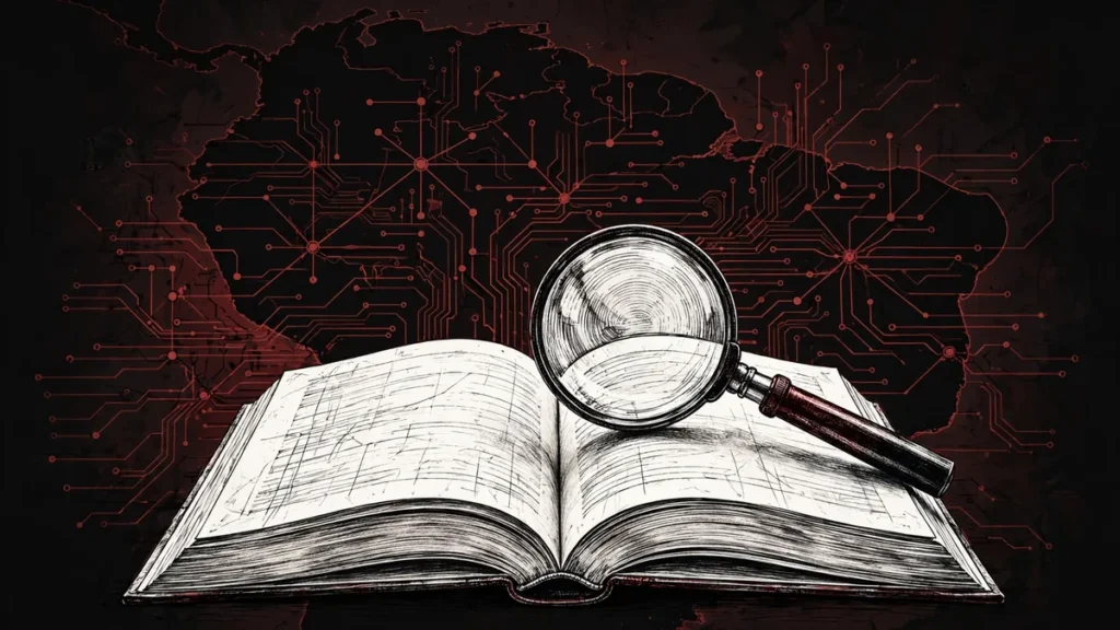 Magnifying glass over an open academic book with red network traces, symbolizing investigation of campus influence operations