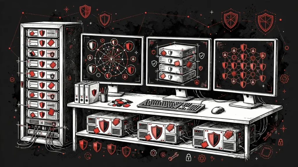 Security operations analyst workstation with shield symbols and patched server defences