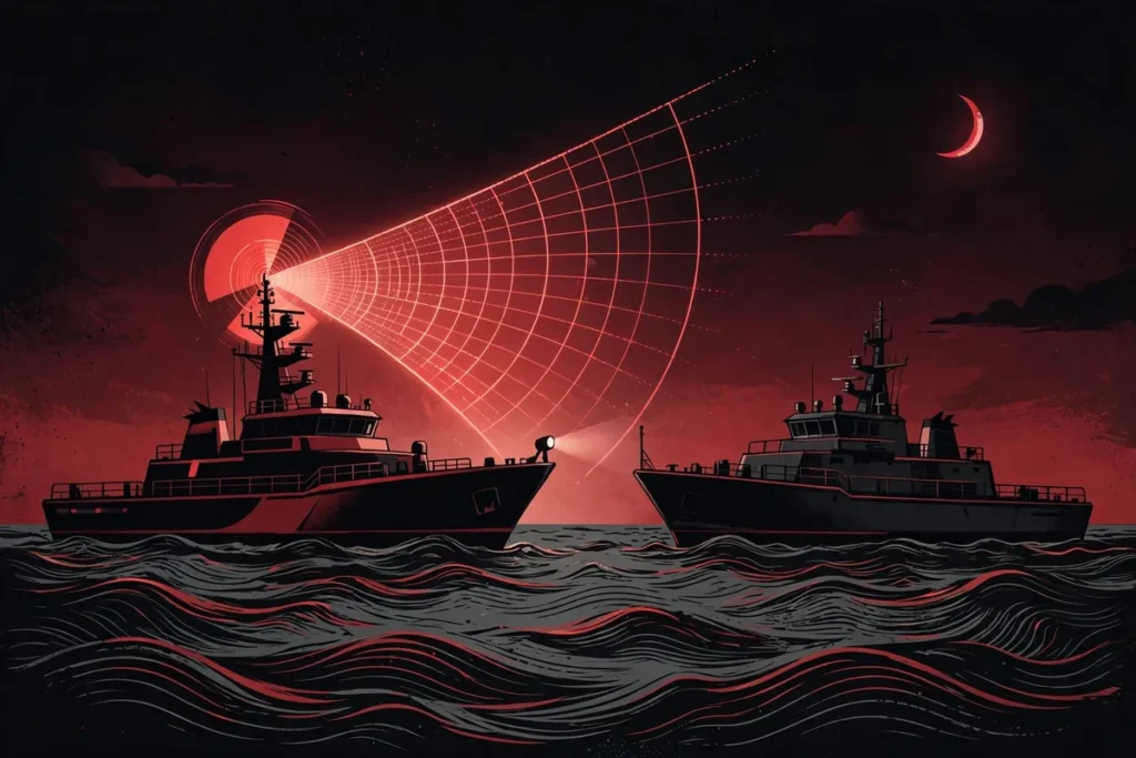 Editorial illustration of coast guard vessels in a tense night standoff near the Pratas Islands