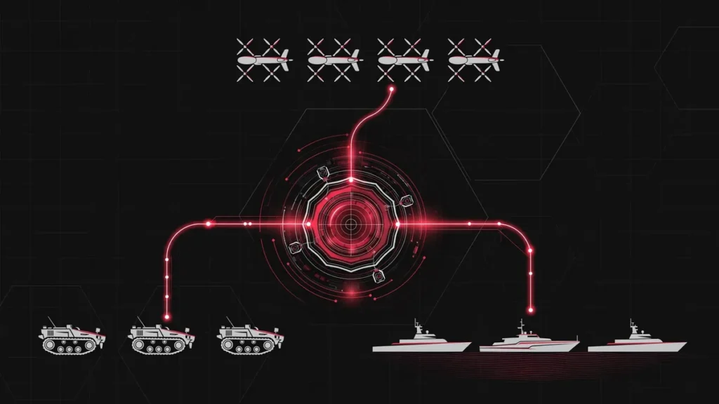 Infographic diagram of the proposed AUTOWARCOM command structure with unmanned aerial, ground, and naval branches