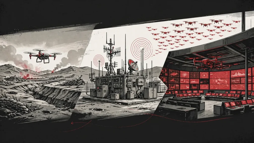 Illustration of the evolution of unmanned warfare from small drones to a full autonomous warfare command