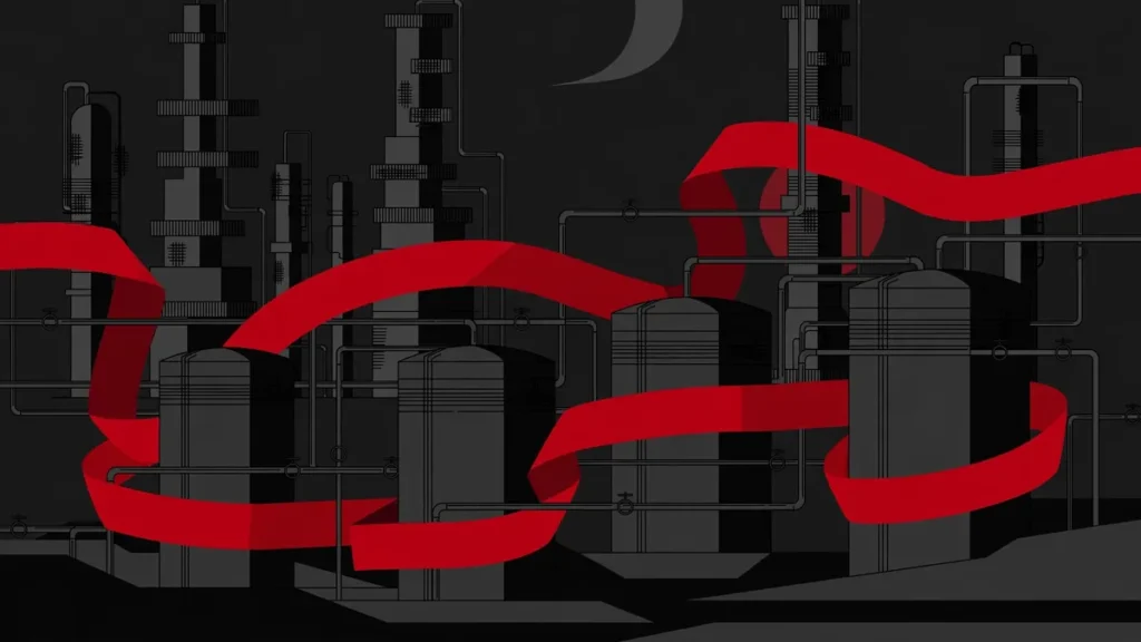 AI-generated editorial illustration of an oil refinery wrapped in a red sanctions barrier ribbon