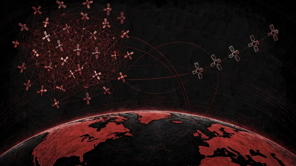 Two contrasting satellite networks in orbit, a dense Starlink mesh and a sparse Russian Rassvet chain