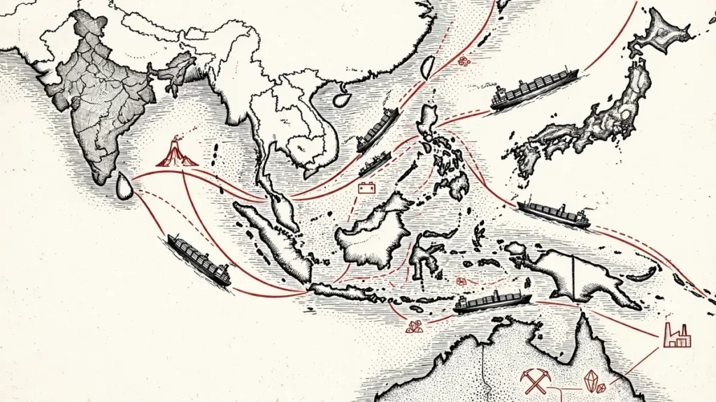 Stylised Indo-Pacific map showing shipping lanes and supply chains relevant to the Quad summit in Manila