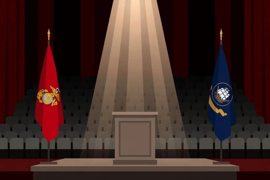 Editorial illustration of an empty podium and military flags at a Quantico lecture hall
