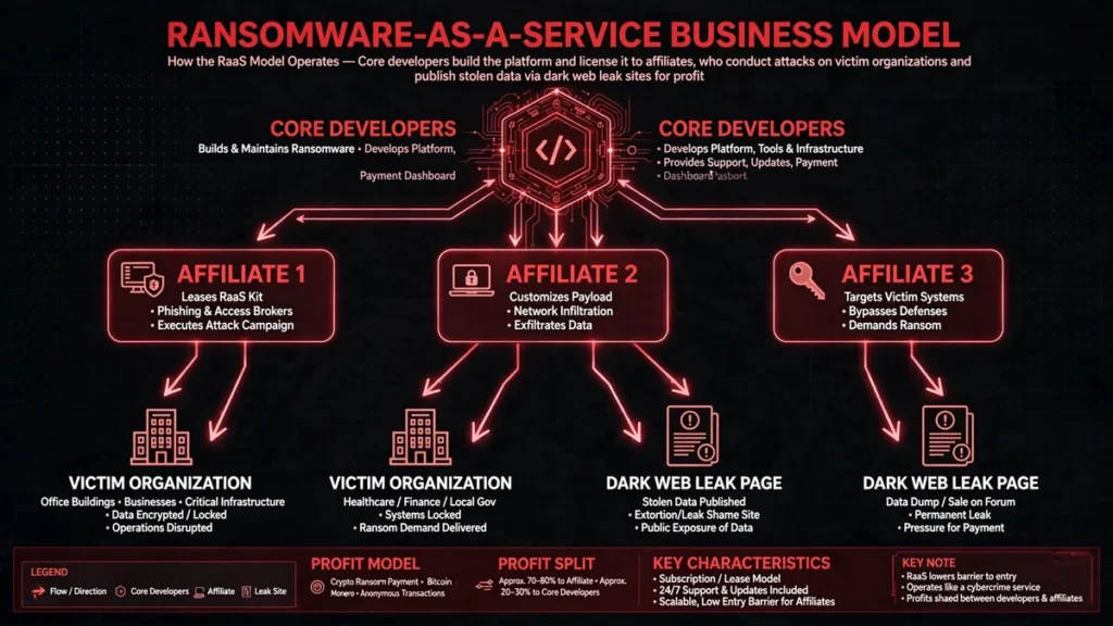 Infographic illustrating the ransomware-as-a-service business model with core developers, affiliates, and victim organizations