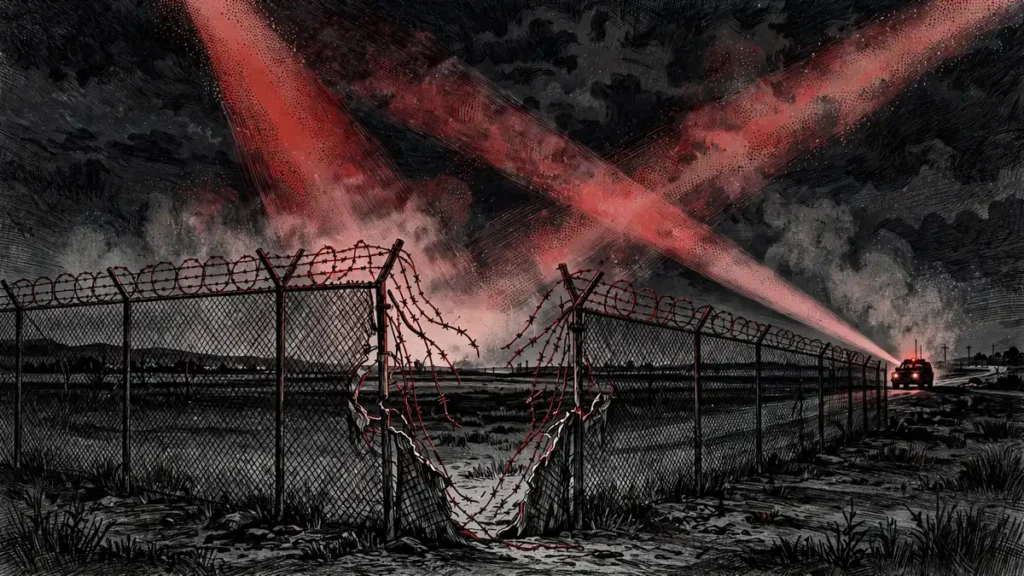 AI-generated illustration of a floodlit military perimeter fence with a breach at night — RAF Molesworth breach explained