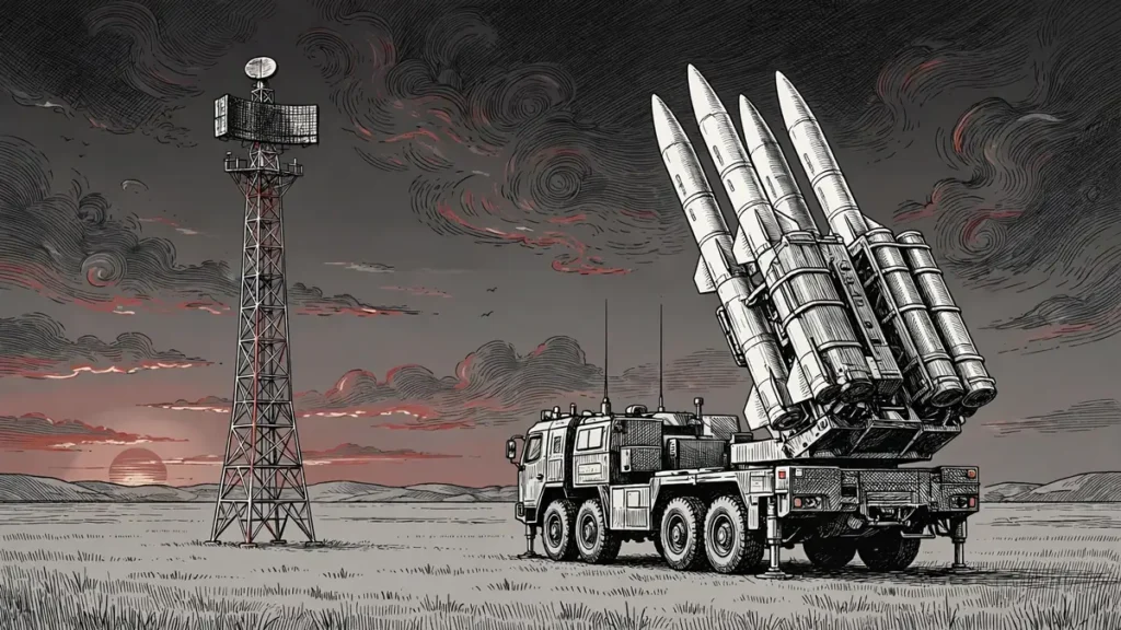 Patriot air defense missile launcher battery at dusk illustration for Ramstein meeting November 17 2026