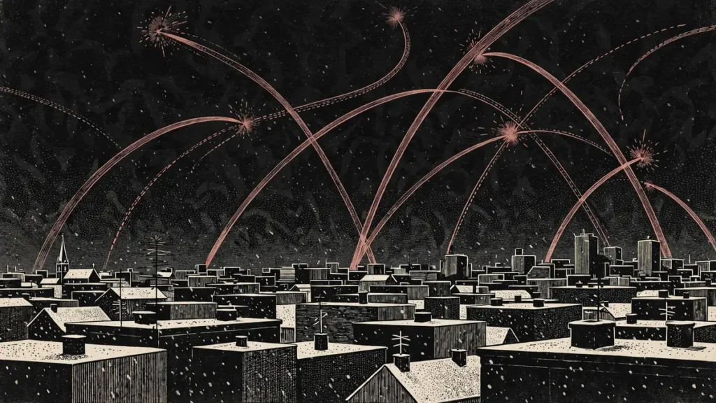 Winter city skyline with air defense intercept trails illustration for Ramstein meeting November 17 2026