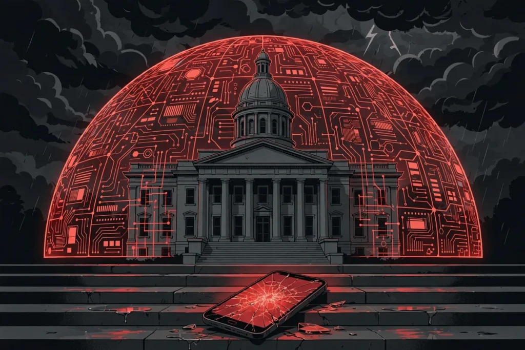 County courthouse under a red circuit-board shield dome with a cracked smartphone on the steps — AI-generated illustration about the Anne Arundel County cyberattack