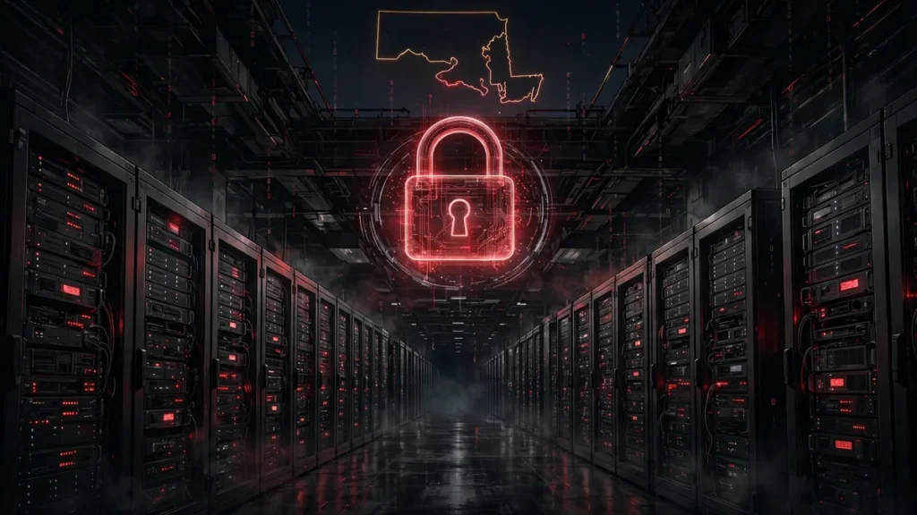 Dark government data center with glowing red padlock hologram and Maryland state outline — AI-generated illustration about the Rhysida data theft claim